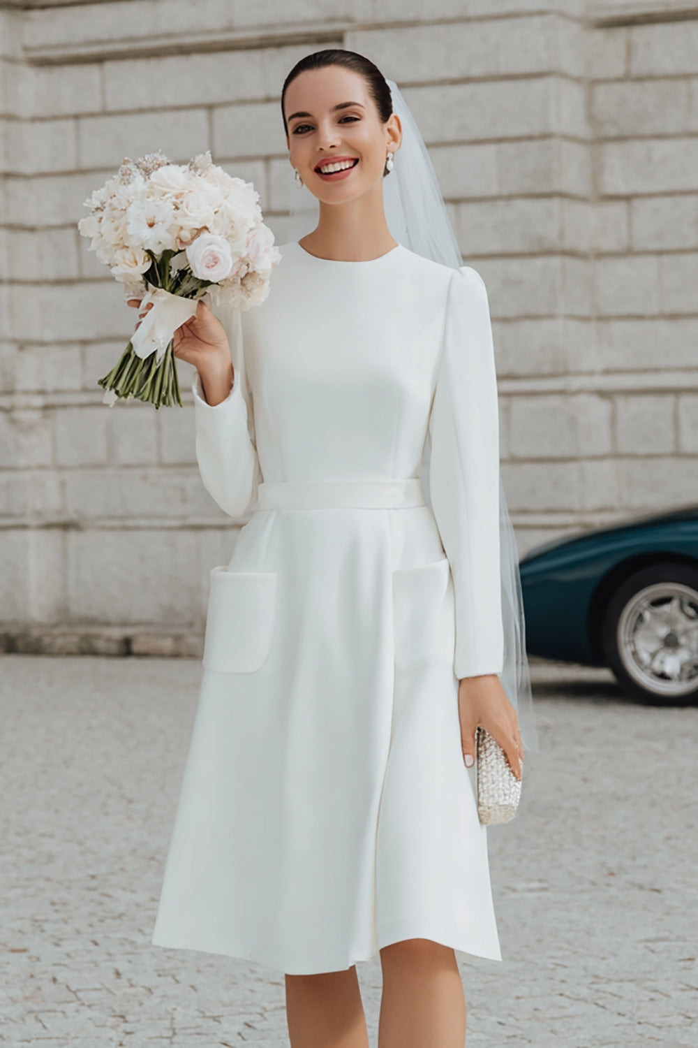 Ivory Round Neck  A Line Long Sleeves Short Wedding Dress with Pockets
