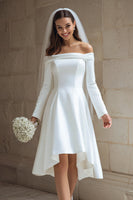 Load image into Gallery viewer, Ivory Satin A Line Off the Shoulder High Low Wedding Dress with Sleeves