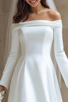 Load image into Gallery viewer, Ivory Satin A Line Off the Shoulder High Low Wedding Dress with Sleeves