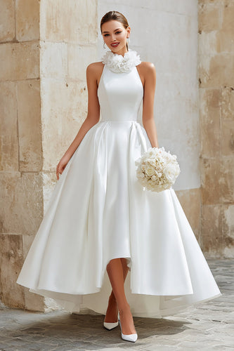 Floral Ivory Satin A Line Princess High Neck High Low Wedding Dress
