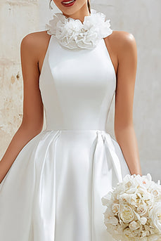 Floral Ivory Satin A Line Princess High Neck High Low Wedding Dress