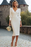 Load image into Gallery viewer, Ivory Bodycon V-Neck Midi Engagement Dress with Sleeves