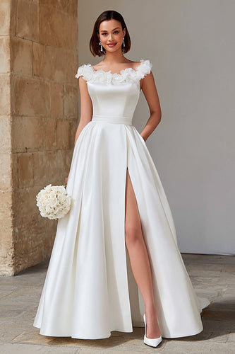 Ivory Satin Princess Boat Neck Long Wedding Dress with Slit