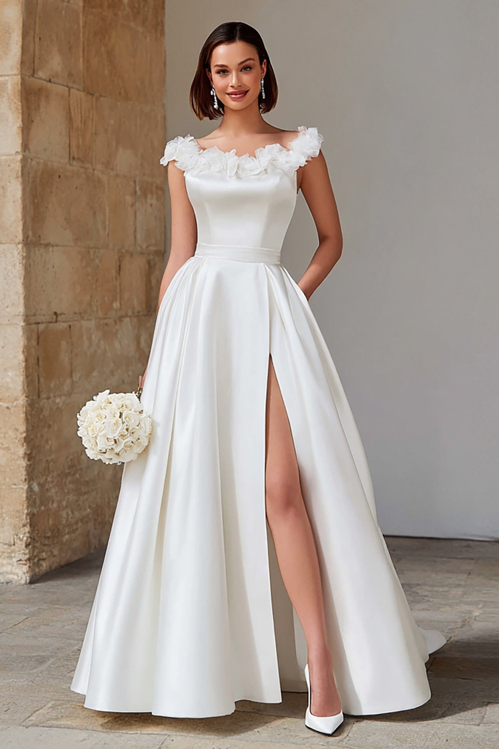Ivory Satin Princess Boat Neck Long Wedding Dress with Slit