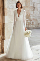 Load image into Gallery viewer, Ivory Tulle A-Line V-Neck Long Sleeves Floor Length Wedding Dress