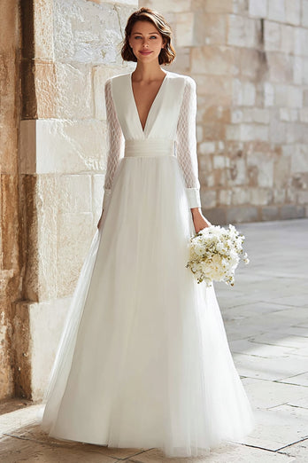 Ivory Tulle A-Line V-Neck Long Sleeves Floor Length Wedding Dress