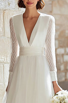 Ivory Tulle A-Line V-Neck Long Sleeves Floor Length Wedding Dress