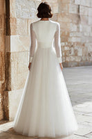 Load image into Gallery viewer, Ivory Tulle A-Line V-Neck Long Sleeves Floor Length Wedding Dress