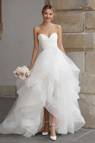 Ivory Organza Sweetheart A-Line Sweep Train Wedding Dress with Ruffles