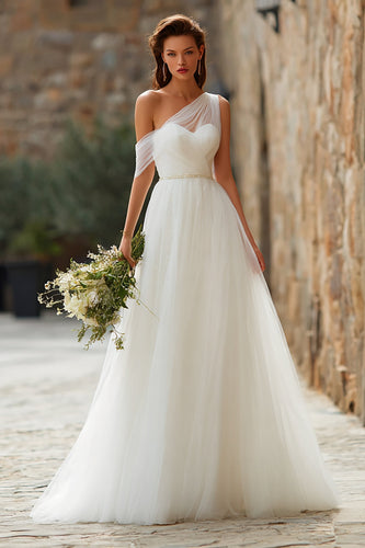 Ivory Tulle One Shoulder A-Line Floor Length Wedding Dress