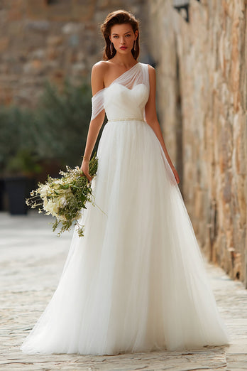 Ivory Tulle One Shoulder A-Line Floor Length Wedding Dress
