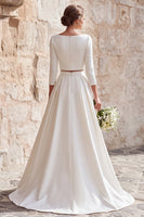 Load image into Gallery viewer, Ivory Satin 2 Piece Boat Neck A-Line Wedding Dress with Sleeves