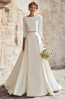Load image into Gallery viewer, 2 Piece Ivory A-Line Satin Boat Neck Long Sleeves Wedding Dress