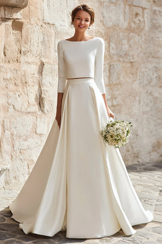 2 Piece Ivory A-Line Satin Boat Neck Long Sleeves Wedding Dress