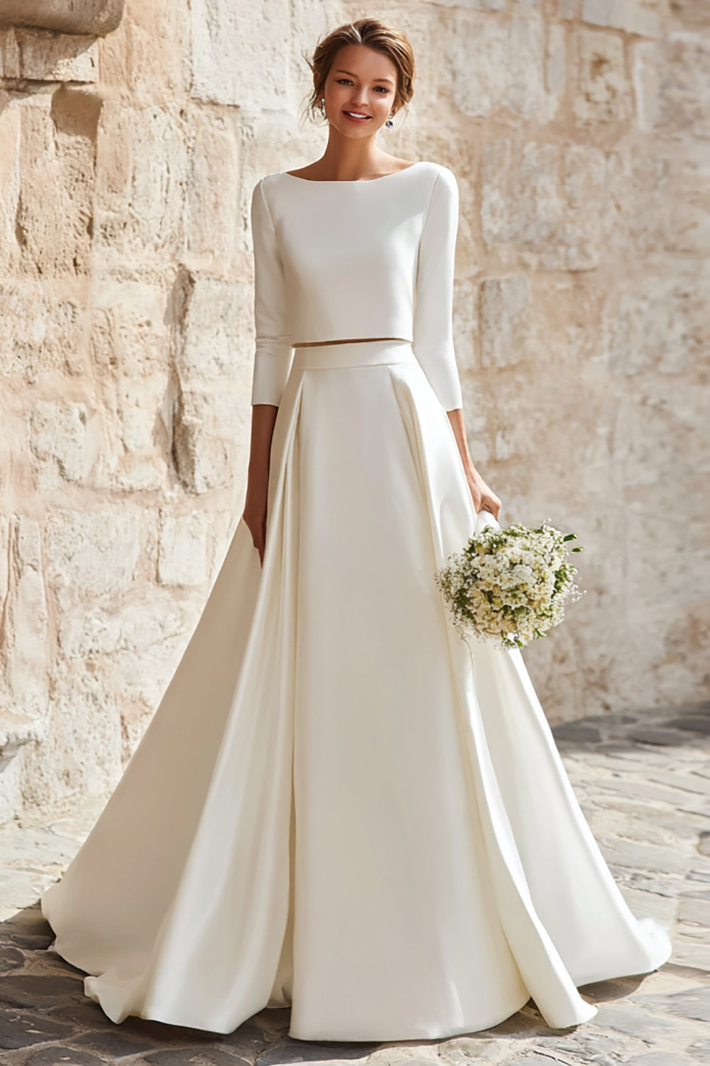 2 Piece Ivory A-Line Satin Boat Neck Long Sleeves Wedding Dress