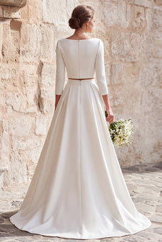 Ivory Satin 2 Piece Boat Neck A-Line Wedding Dress with Sleeves