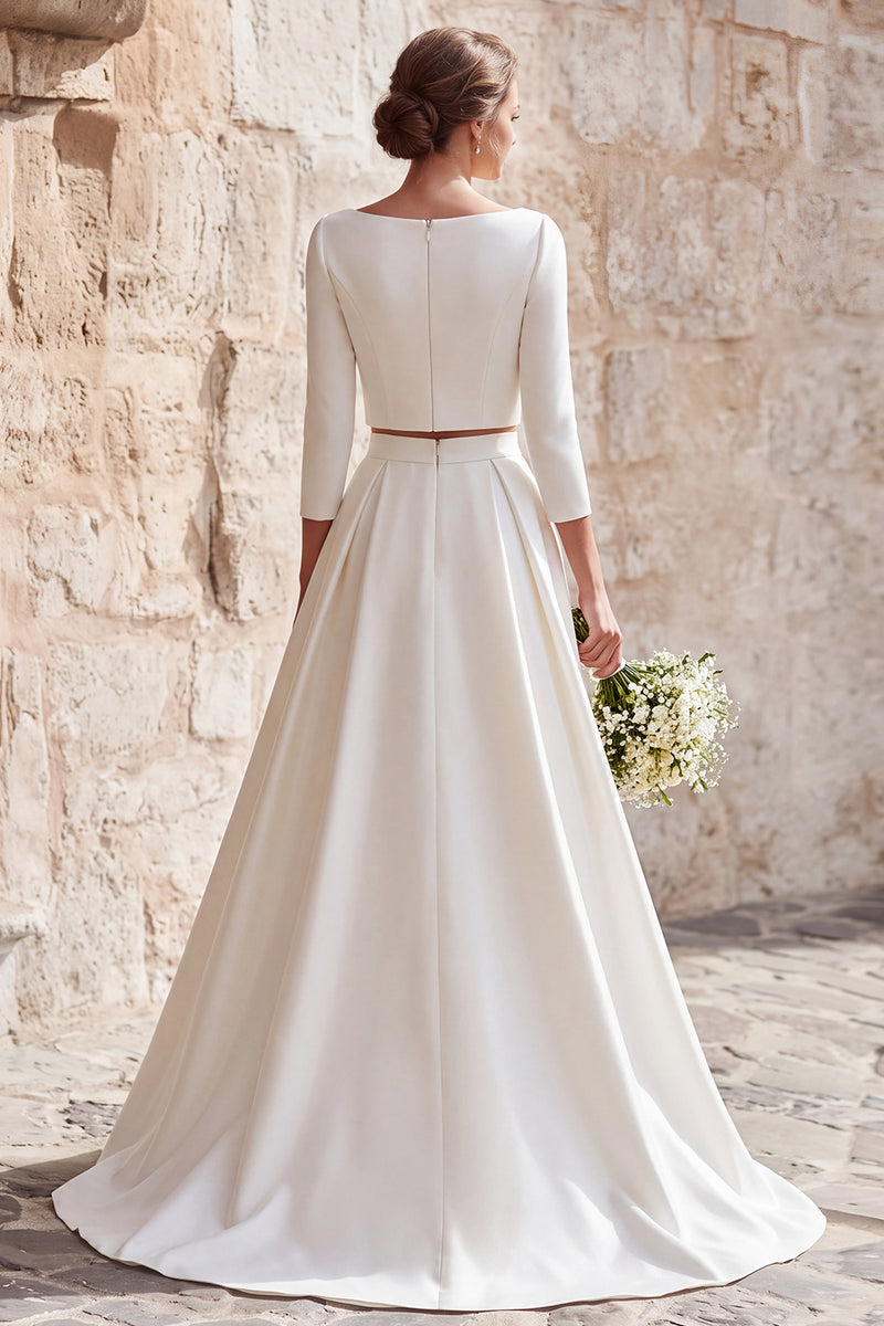 Load image into Gallery viewer, Ivory Satin 2 Piece Boat Neck A-Line Wedding Dress with Sleeves