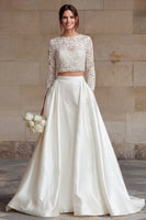 Load image into Gallery viewer, Ivory Satin 2 Piece A-Line Long Sleeves Wedding Dress with Lace