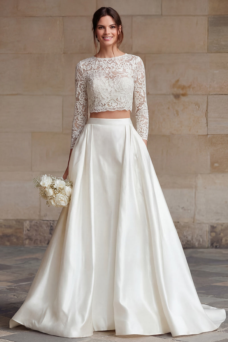 Load image into Gallery viewer, Ivory Satin 2 Piece A-Line Long Sleeves Wedding Dress with Lace