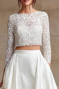 Ivory Satin 2 Piece A-Line Long Sleeves Wedding Dress with Lace