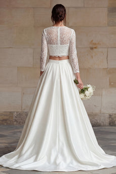 Ivory Satin 2 Piece A-Line Long Sleeves Wedding Dress with Lace