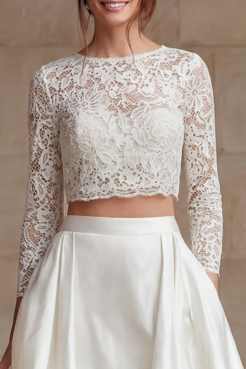 Load image into Gallery viewer, Ivory Satin 2 Piece A-Line Long Sleeves Wedding Dress with Lace