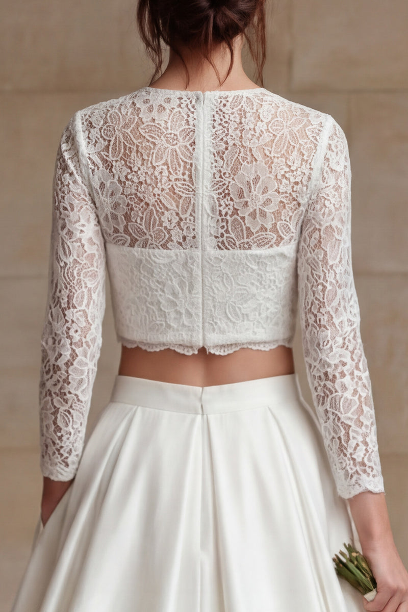 Load image into Gallery viewer, Ivory Satin 2 Piece A-Line Long Sleeves Wedding Dress with Lace
