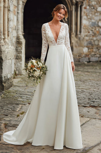 Ivory Satin A-Line V-Neck Long Sleeves Sweep Train Wedding Dress with Lace