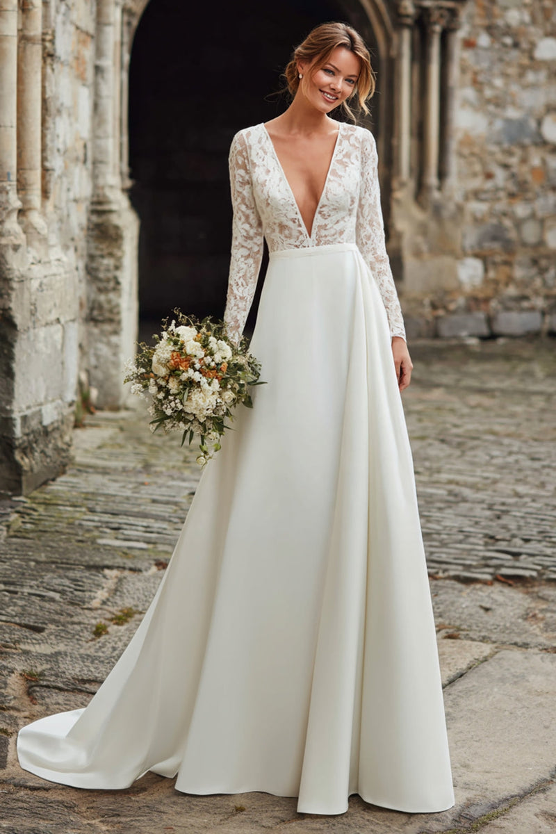 Load image into Gallery viewer, Ivory Satin A-Line V-Neck Long Sleeves Sweep Train Wedding Dress with Lace