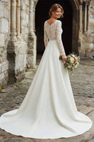 Load image into Gallery viewer, Ivory Satin A-Line V-Neck Long Sleeves Sweep Train Wedding Dress with Lace