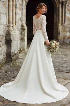 Ivory Satin A-Line V-Neck Long Sleeves Sweep Train Wedding Dress with Lace