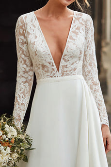 Ivory Satin A-Line V-Neck Long Sleeves Sweep Train Wedding Dress with Lace