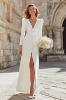 Load image into Gallery viewer, Ivory V-Neck Sheath Long Sleeves Wedding Dress with Slit