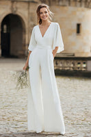 Load image into Gallery viewer, Ivory V-Neck Half Sleeves Long Wedding Jumpsuits with Pockets