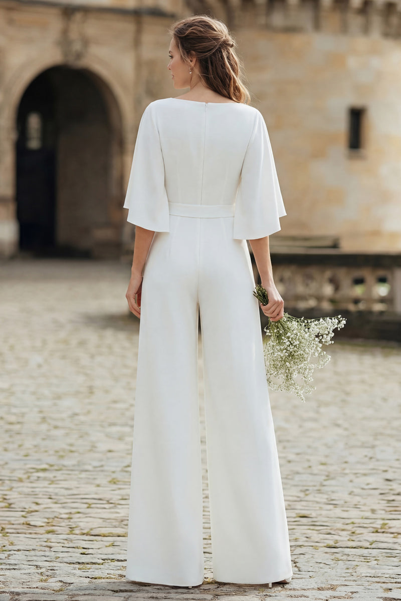 Load image into Gallery viewer, Ivory V-Neck Half Sleeves Long Wedding Jumpsuits with Pockets