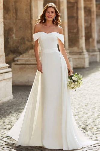 Simple Ivory Sheath Off the Shoulder Long Wedding Dress