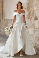 Load image into Gallery viewer, Ivory Satin Off the Shoulder A-Line Sweep Train Wedding Dress