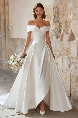 Ivory Satin Off the Shoulder A-Line Sweep Train Wedding Dress