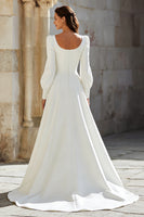 Load image into Gallery viewer, Ivory Square Neck A-Line Sweep Train Wedding Dress with Sleeves