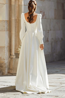 Ivory Square Neck A-Line Sweep Train Wedding Dress with Sleeves