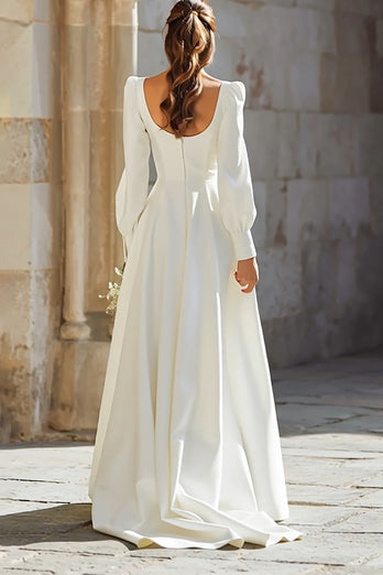 Ivory Square Neck A-Line Sweep Train Wedding Dress with Sleeves