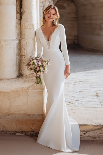 Ivory Mermaid V-Neck Long Sleeves Sweep Train Wedding Dress with Lace
