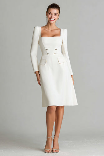 Ivory Satin A Line Long Sleeves Square Neck Midi Work Dress
