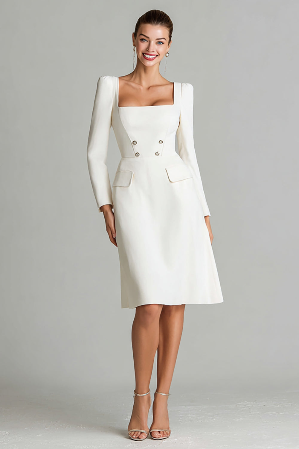 Ivory Satin A Line Long Sleeves Square Neck Midi Work Dress