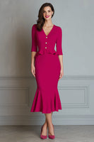 Load image into Gallery viewer, Fuchsia Mermaid V-Neck Half Sleeves Midi Work Dress with Ruffles