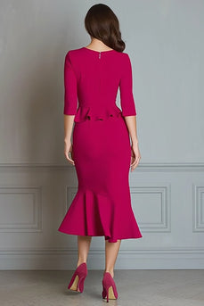 Fuchsia Mermaid V-Neck Half Sleeves Midi Work Dress with Ruffles