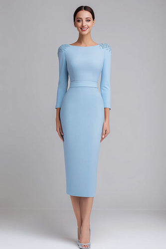 Simple Light Blue Boat Neck Pencil Midi Work Dress with Sleeves
