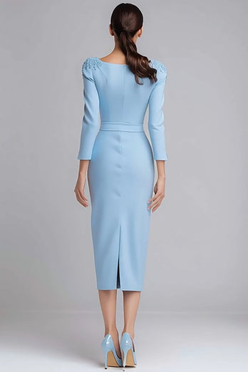 Simple Light Blue Boat Neck Pencil Midi Work Dress with Sleeves