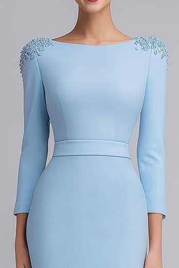 Simple Light Blue Boat Neck Pencil Midi Work Dress with Sleeves
