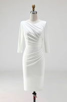 Load image into Gallery viewer, Simple Ivory Ruched Pencil Half Sleeves Midi Work Dress with Slit